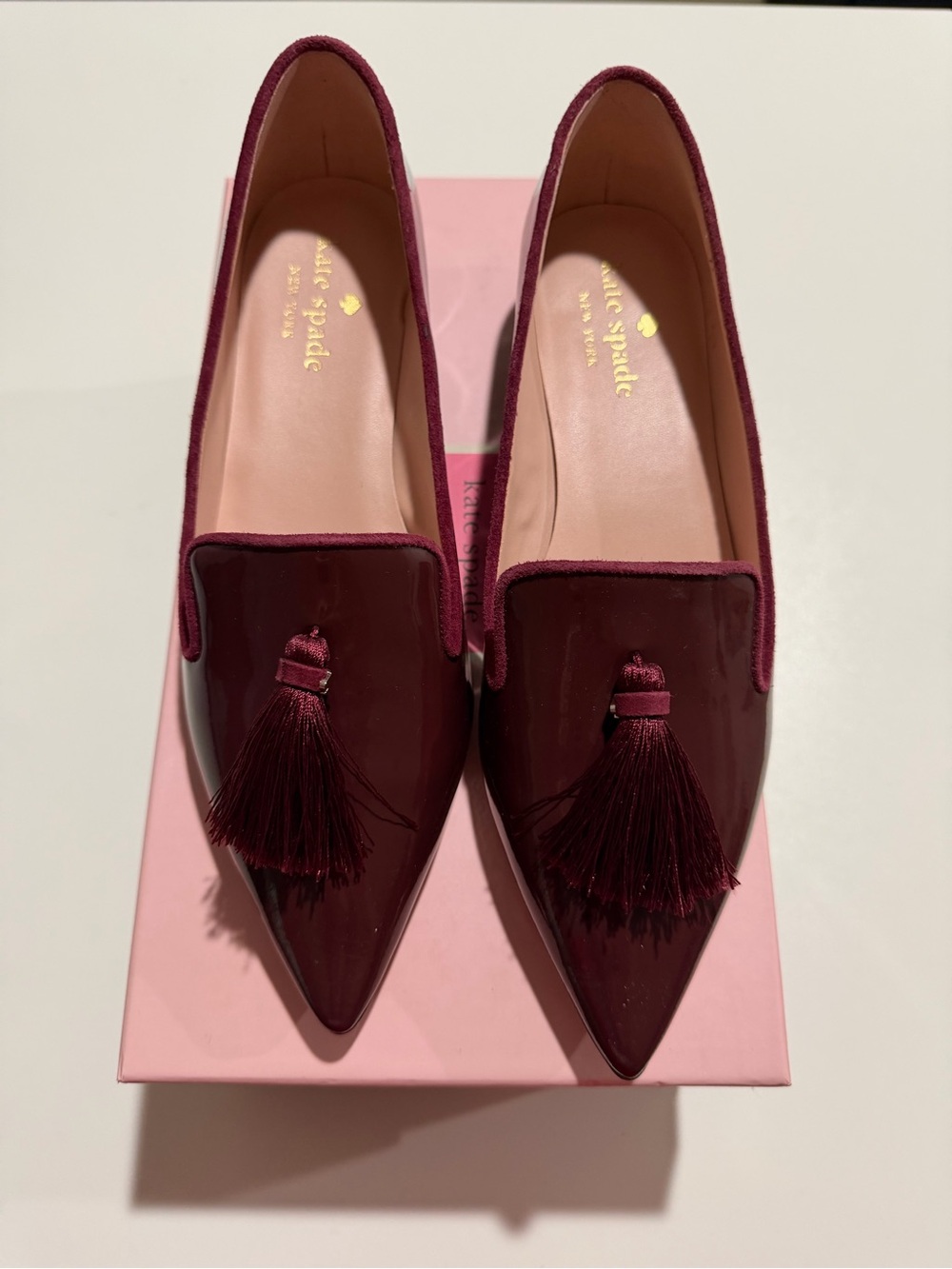kate spade Burgundy Patent Pointed Tassel Loafers